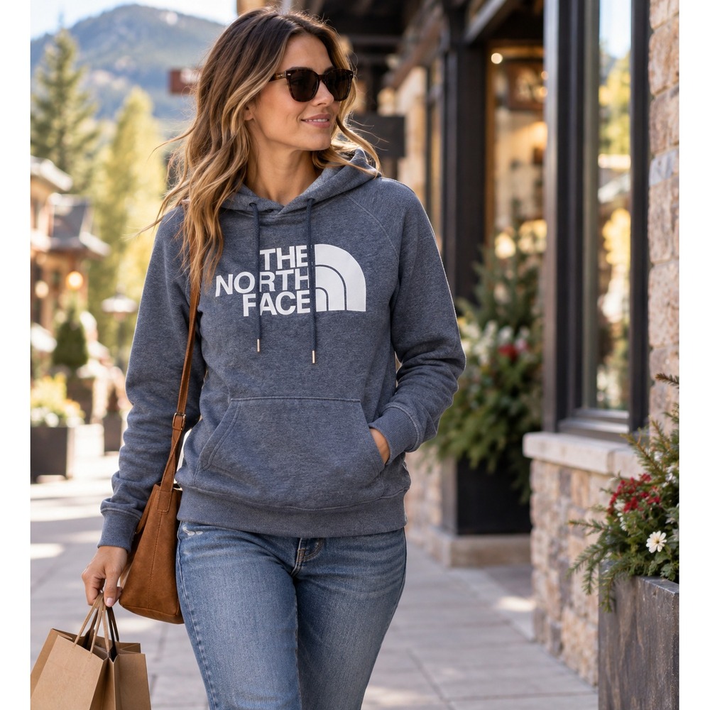 The North Face Womens M Hoodie Blue Gray Half Dome Logo Pullover WL061